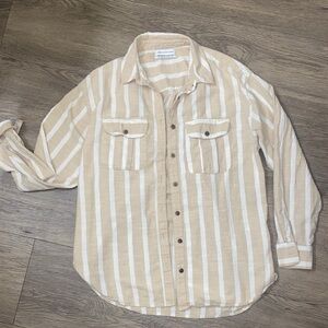 Urban Outfitters Tan and White Striped Button Down Shirt